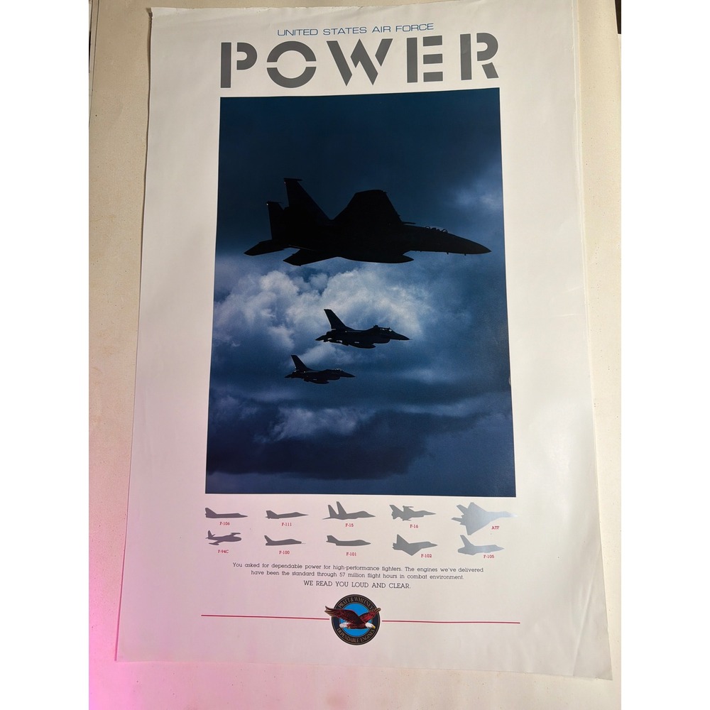 VINTAGE USAF PRATT & WHITNEY JET FIGHTER POSTER UNISEX 30x20 BLUE EXCELLENT